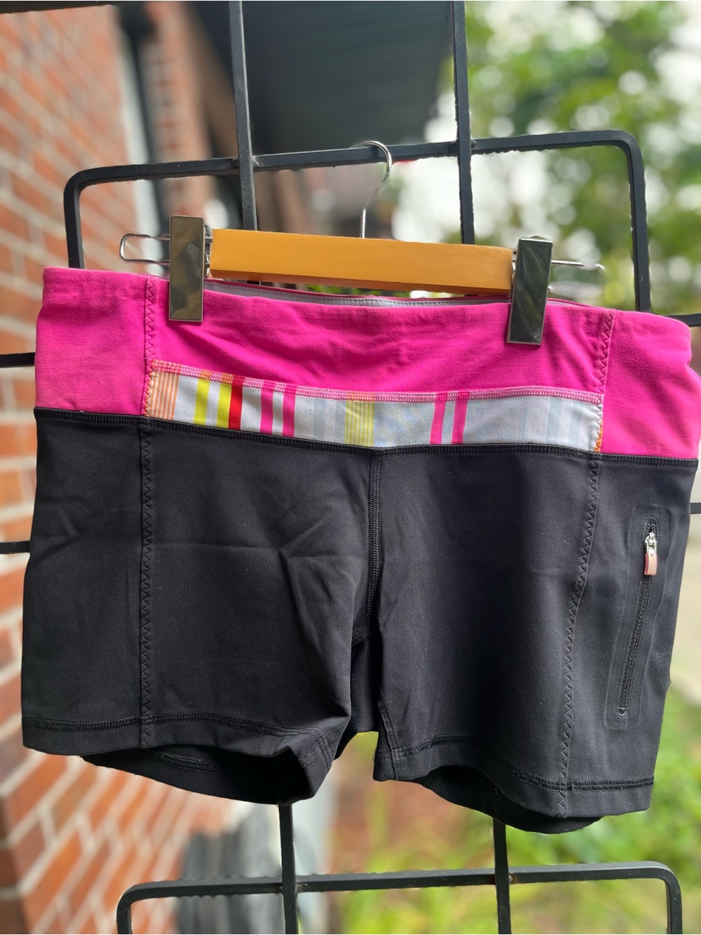 lululemon athletica Black and Fuchsia Athletic Shorts with Stripe Detail